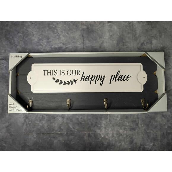 True Living "This Is Our Happy Place" Home Wall Plaque 4 Hooks Coat Rack Hats - Picture 6 of 6